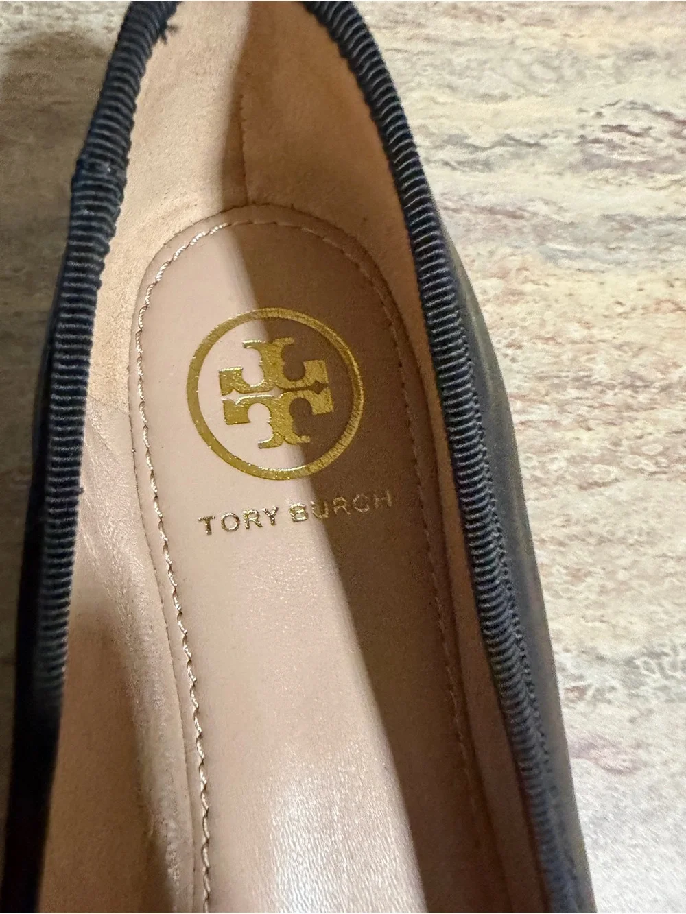 Tory Burch Laila Driver Black Leather Bow Ballet Flats with Gold Logo Charms